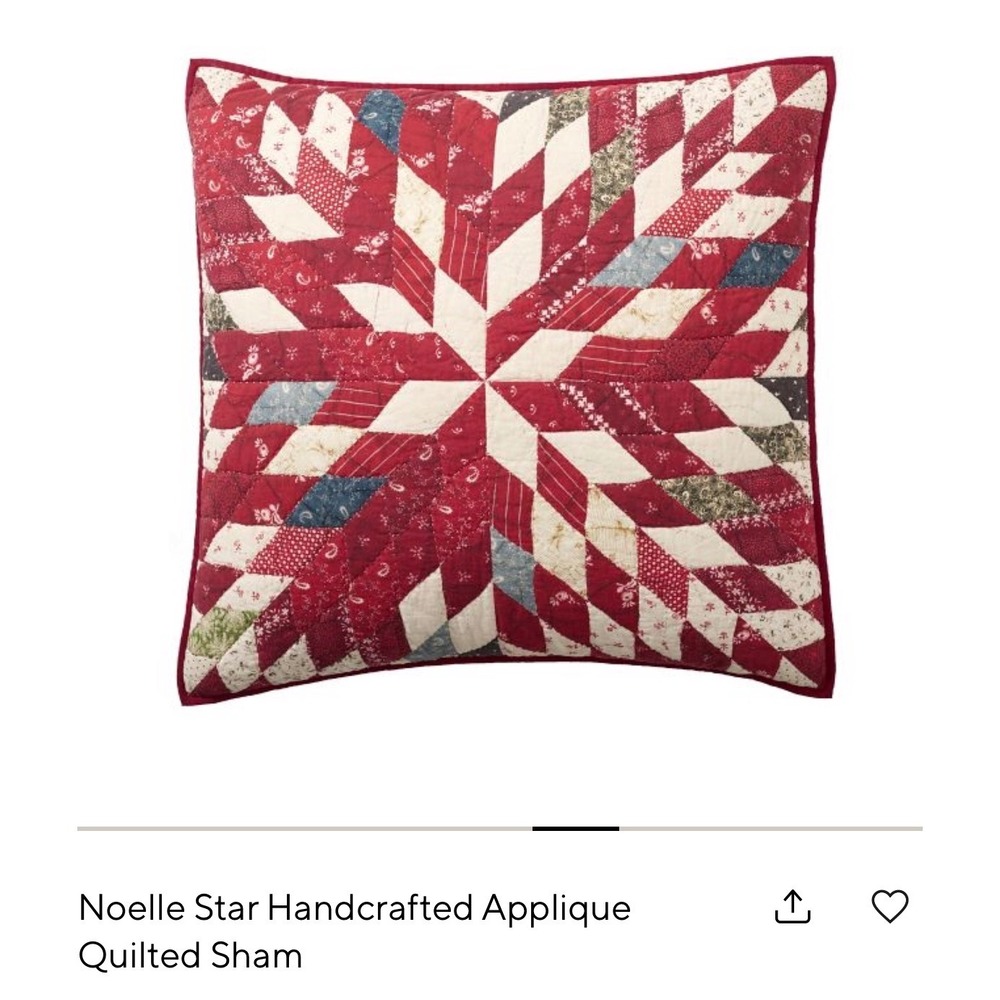 Pottery Barn Noelle Star Handcrafted Applique Quilted Euro Sham Red 26x26